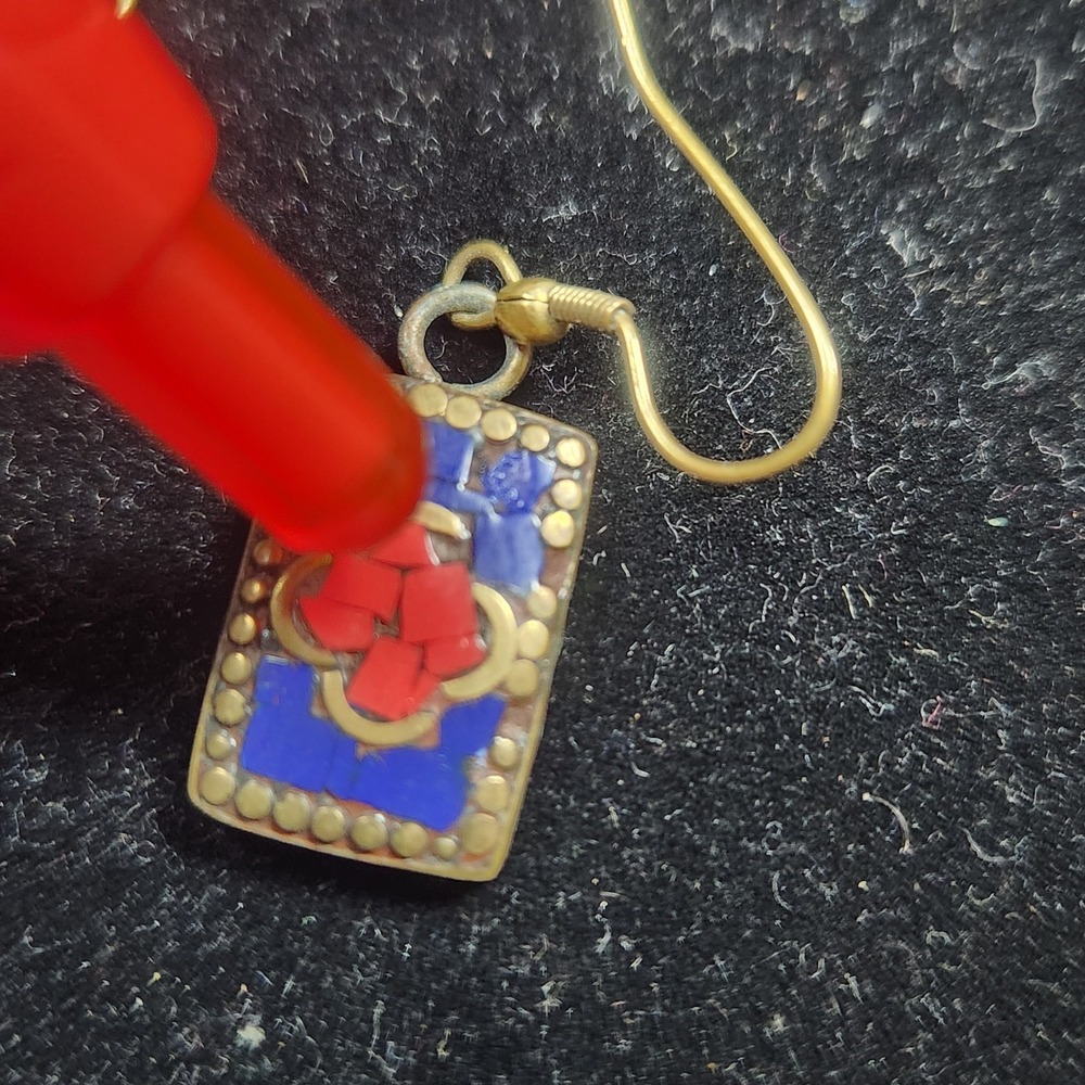 Vintage‎ Brass Mosaic Inlay Drop Earrings Blue Red Stone Rectangular Boho Dangle - Picture 8 of 10